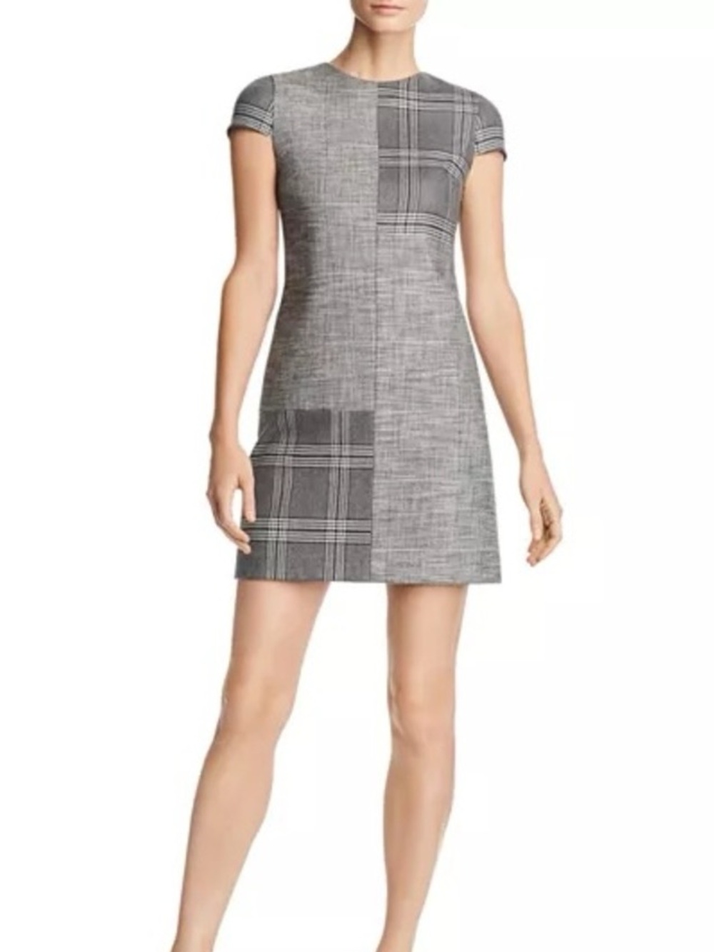 Alice + Olivia Black and Gray Plaid Short Sleeve Shift Dress